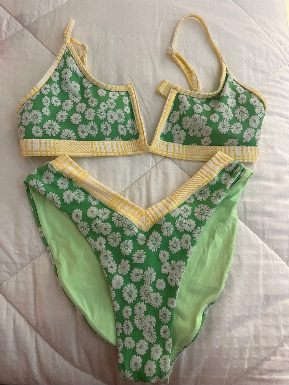 Green Floral Bikini Set with Yellow Trim
